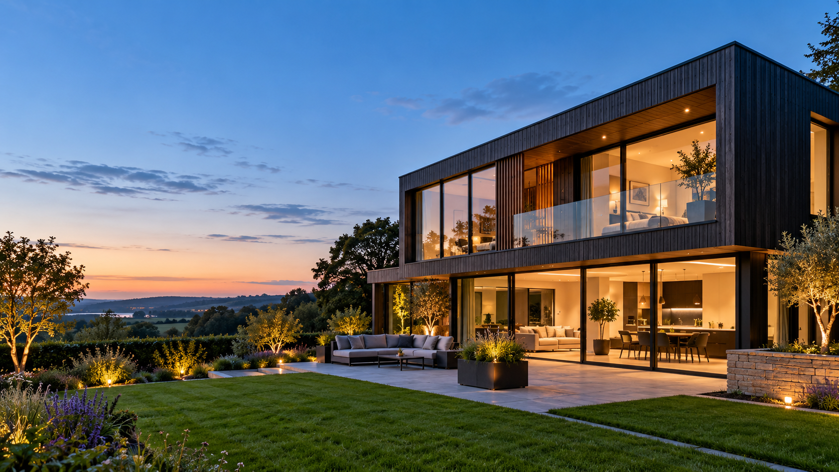 Modern home at dusk