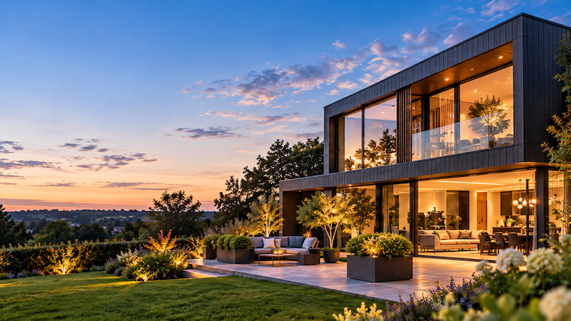 Modern home at dusk